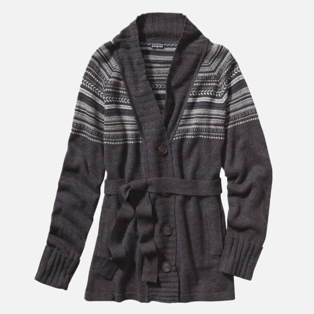 Patagonia Women’s Nordic Sweater Belted Button Up Wool Cardigan Forge Grey Sz M